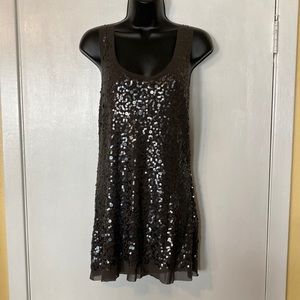 Max Studio Dark Grey Sequin-Stitched Hand-Cut Extra Long Sleeveless Top